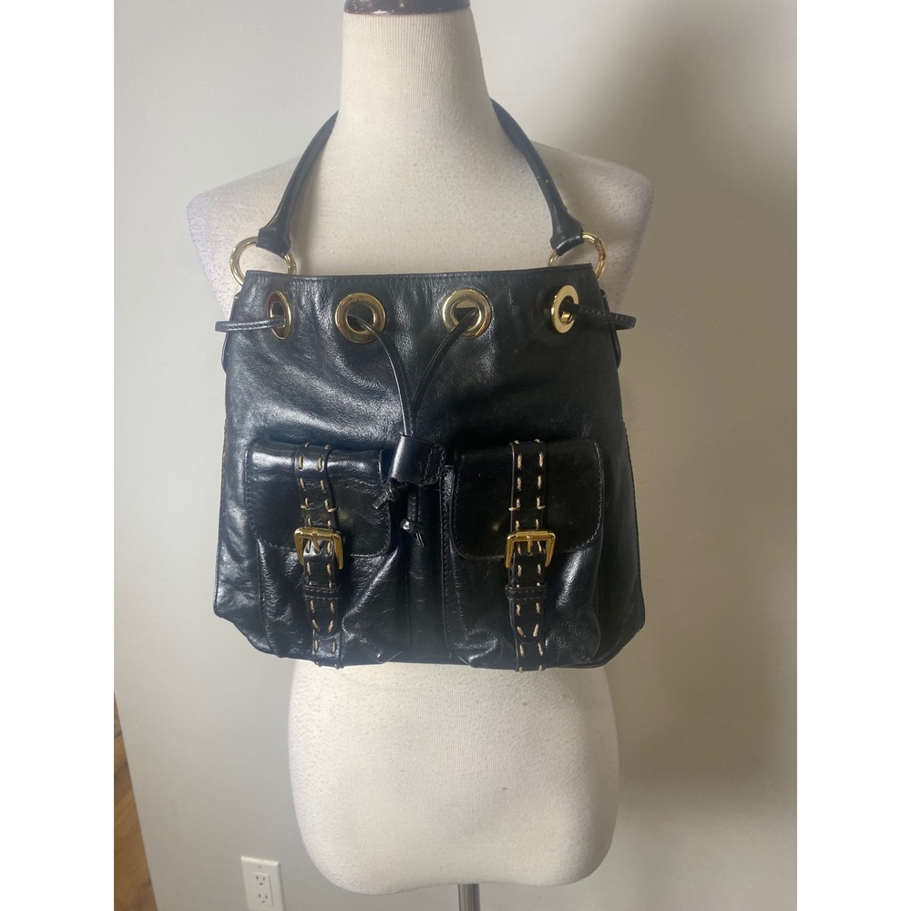 Hype Black Leather Y2K Shoulder Bag Cargo Pocket Buckle Gold Hardware Slouchy